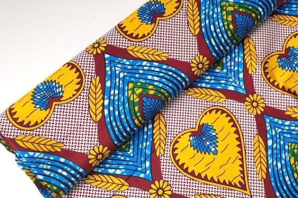 YELLOW BLUE HEART Waxprint Stoff